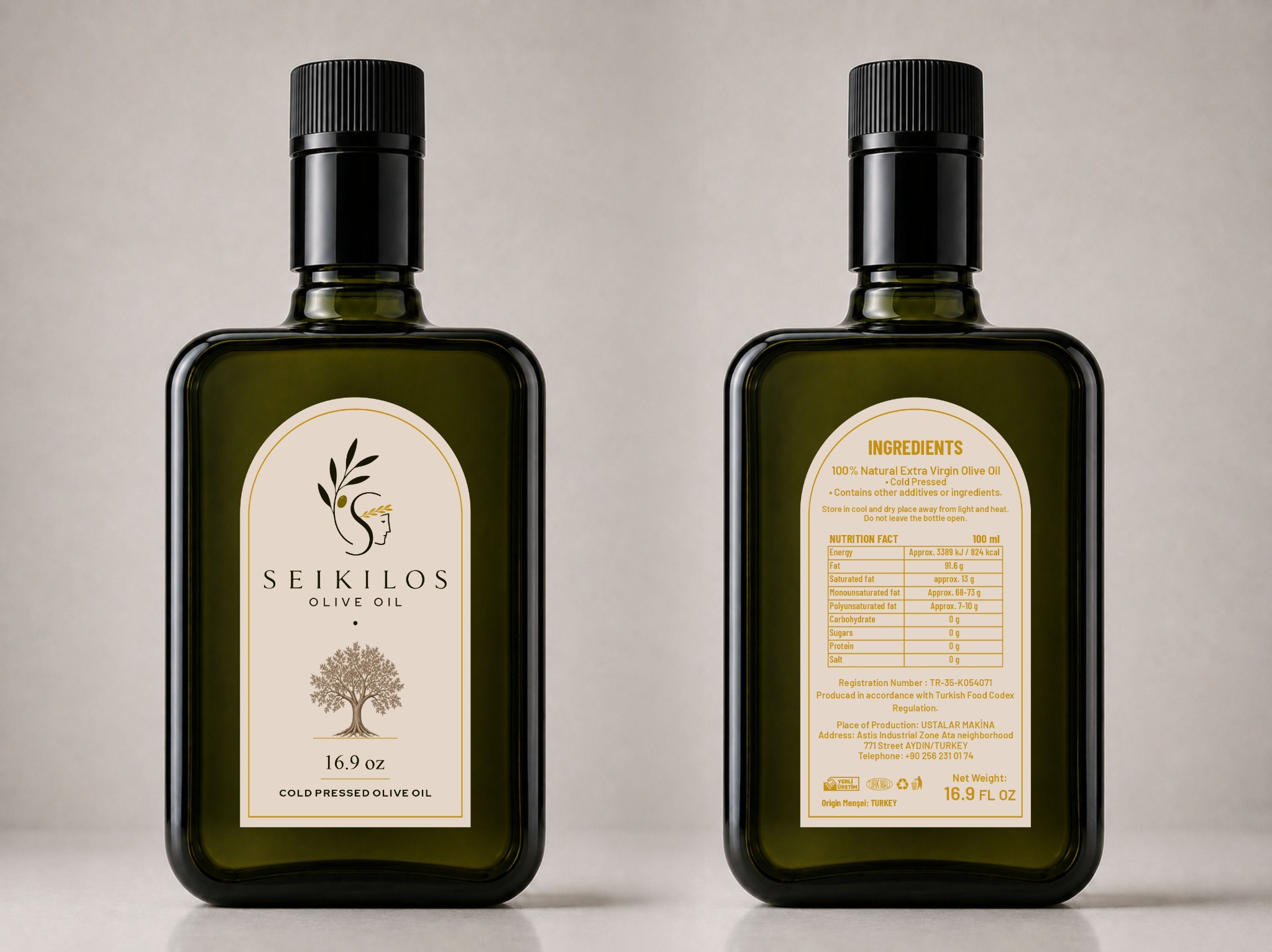Botellas Seikilos con etiqueta frontal y posterior